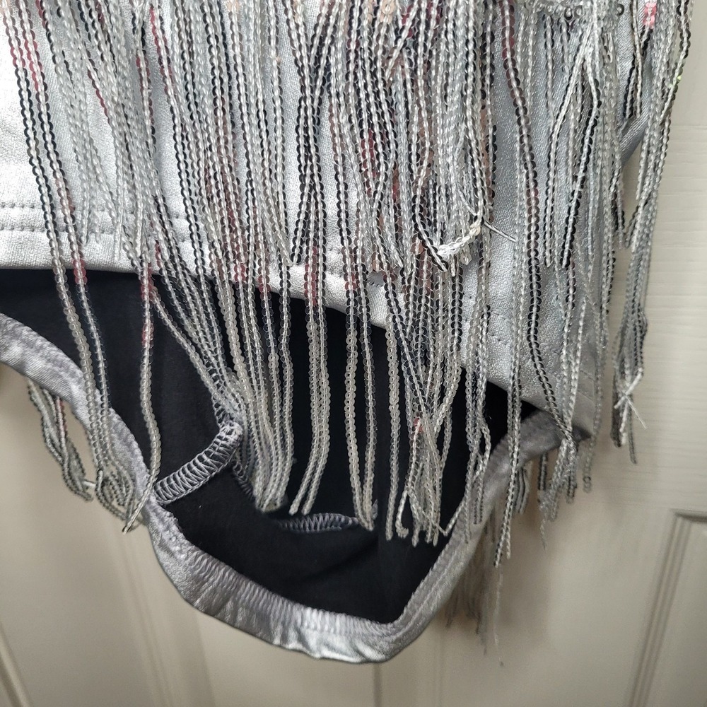 Silver Fringe Lace-Up Back Romper Women's Sz M Vegas Party Go-Go Burlesque Eras - Picture 6 of 13
